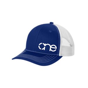Patriot Blue and White Youth "One" Trucker Hat with White logo, snapback.