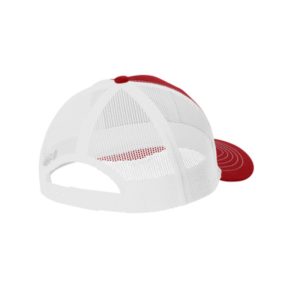 Red and White Youth "One" Trucker Hat with White logo, snapback, rear of cap.