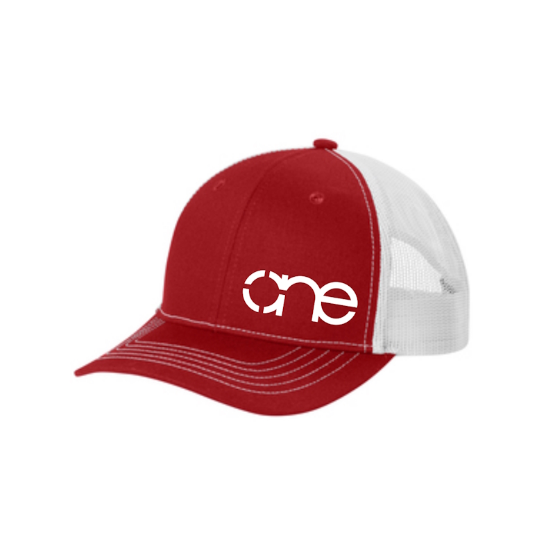 Red and White Youth "One" Trucker Hat with White logo, snapback.