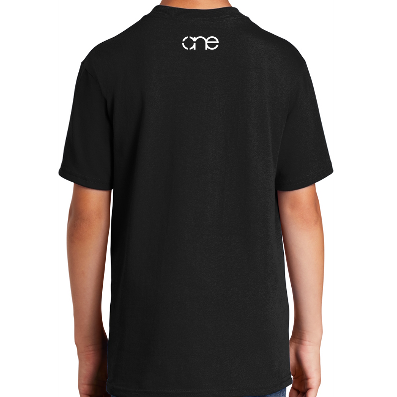 Youth Black short sleeve “One Outlined” Christian tee shirt with One logo on back.