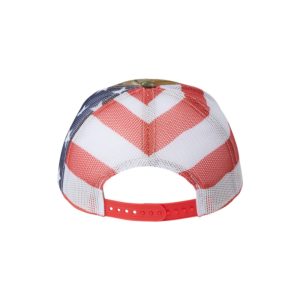 Woodland Camo "One" Trucker Hat with American Flag, White logo, snapback, back view.