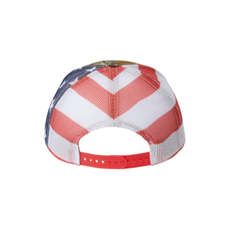 Woodland Camo “One” Trucker Hat with American Flag, White logo, snapback, back view.