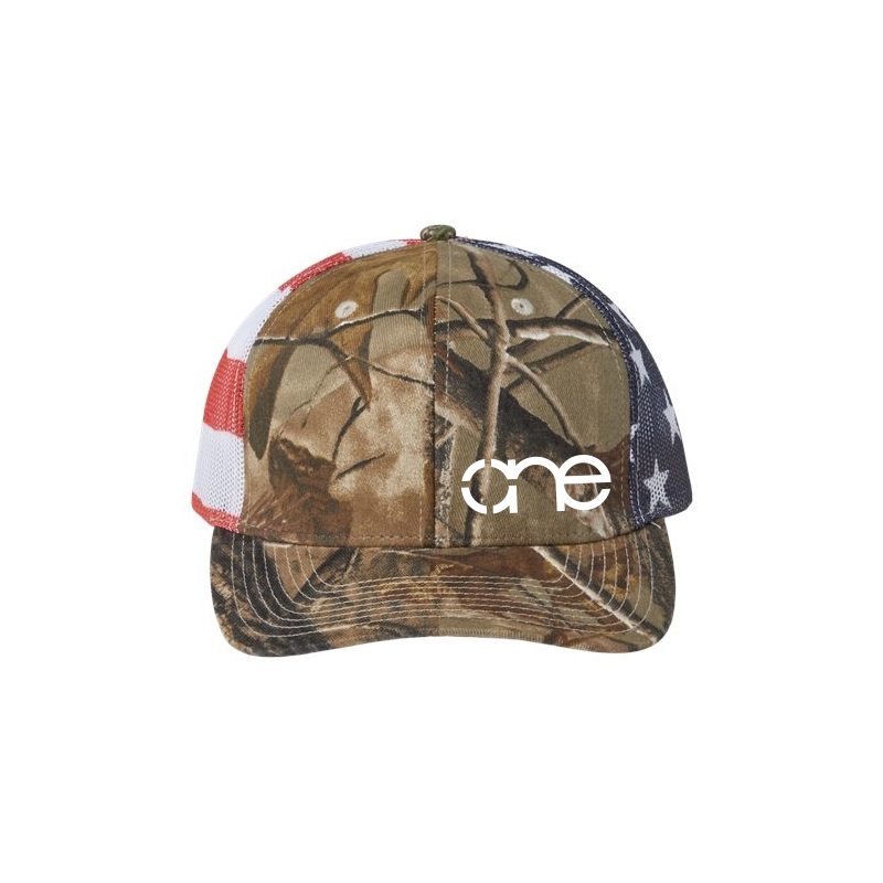 Woodland Camo "One" Trucker Hat with American Flag, White logo, snapback, front view.