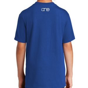 Youth True Royal Blue short sleeve "One with Outlines" Christian tee shirt with One logo on back.