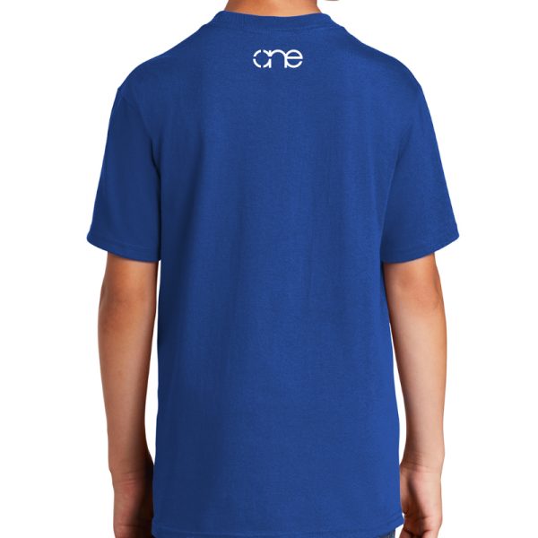 Youth True Royal Blue short sleeve "One with Outlines" Christian tee shirt with One logo on back.