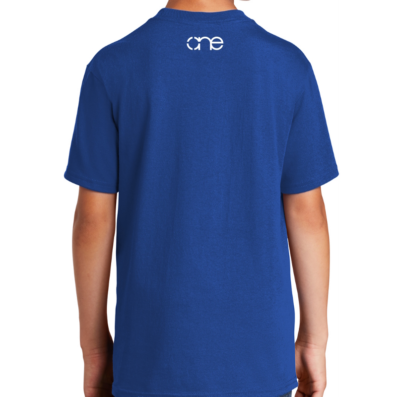 Youth True Royal Blue short sleeve “One with Outlines” Christian tee shirt with One logo on back.