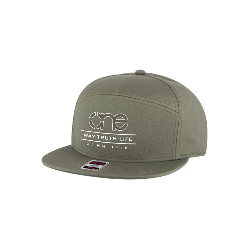 One Way Truth Life 7-Panel Hat in Olive Green, Snapback, Flat Bill, front side view.