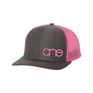 Charcoal and Neon Pink "One" Trucker Hat with Neon Pink logo, snapback, side view.