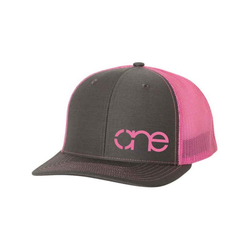 Charcoal and Neon Pink “One” Trucker Hat with Neon Pink logo, snapback, side view.