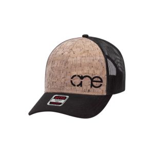 Cork and Black "One" Trucker Hat with Black logo, snapback.