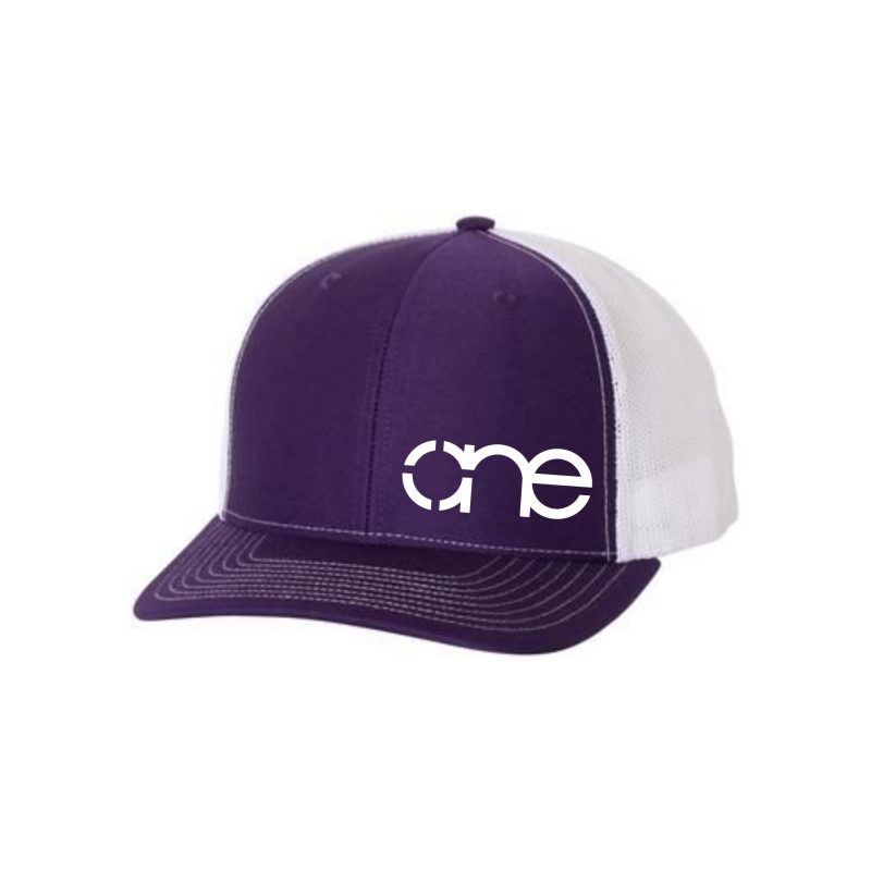 Purple and White "One" Trucker Hat with White logo, snapback, side view.