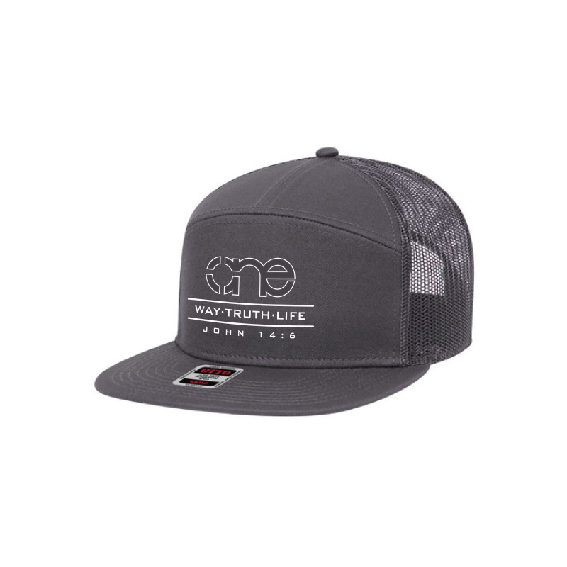 One Way Truth Life 7-Panel Trucker Hat in Grey, Snapback, Flat Bill, front side view.