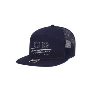 One Way Truth Life 7-Panel Trucker Hats in all Navy Blue, Snapback, Flat Bill, front side view.
