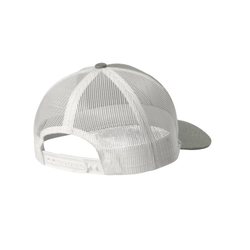 Heather Grey and White Youth “One” Trucker Hat with White logo, snapback, rear of cap.