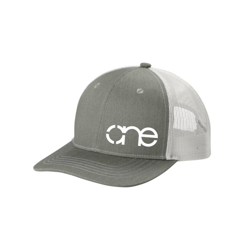 Heather Grey and White Youth “One” Trucker Hat with White logo, snapback.