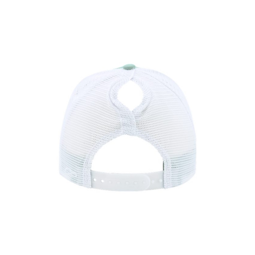 Seafoam and White “One” Trucker Hat with White logo, snapback with ponytail opening, rear of cap.