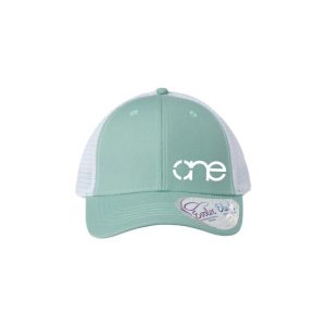Seafoam and White "One" Trucker Hat with White logo, snapback with ponytail opening.