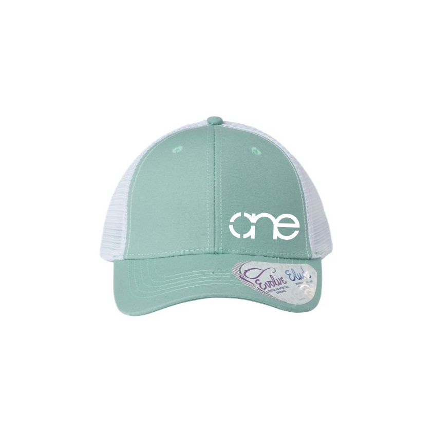 Seafoam and White “One” Trucker Hat with White logo, snapback with ponytail opening.