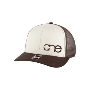 Brown, Cream and Brown "One" Trucker Hat with Brown logo, snapback, front side view.