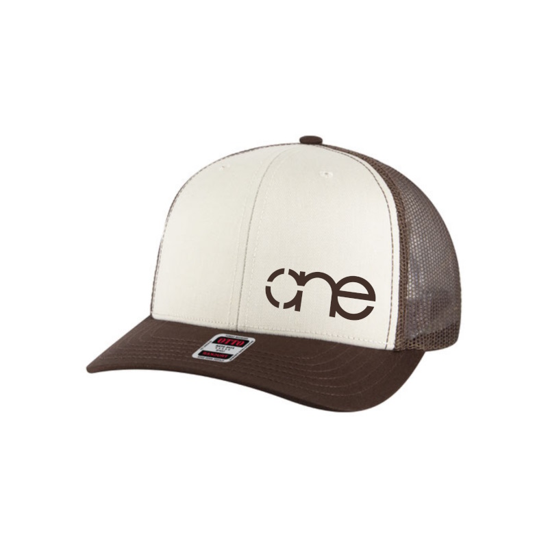 Brown, Cream and Brown “One” Trucker Hat with Brown logo, snapback, front side view.
