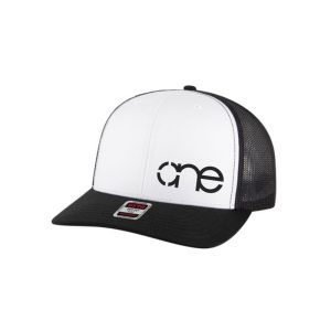 Black, White and Black "One" Trucker Hat with Black logo, snapback, front side view.
