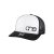 Black, White and Black "One" Trucker Hat with Black logo, snapback, front side view.