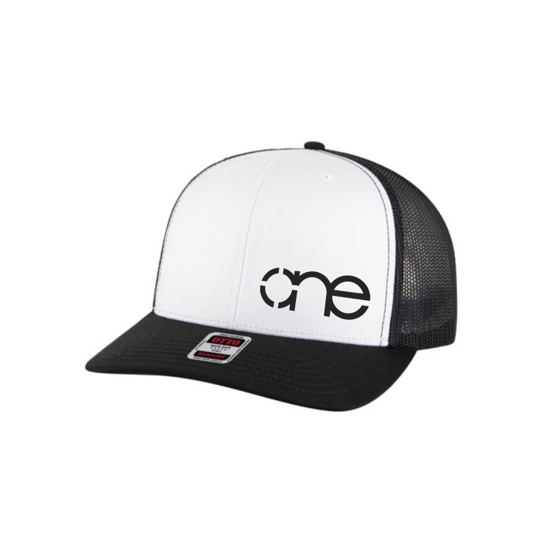 Black, White and Black “One” Trucker Hat with Black logo, snapback, front side view.