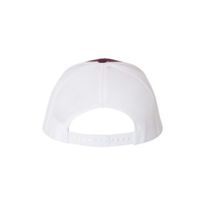 Maroon and White "One" Trucker Hat with White logo, snapback, back view.