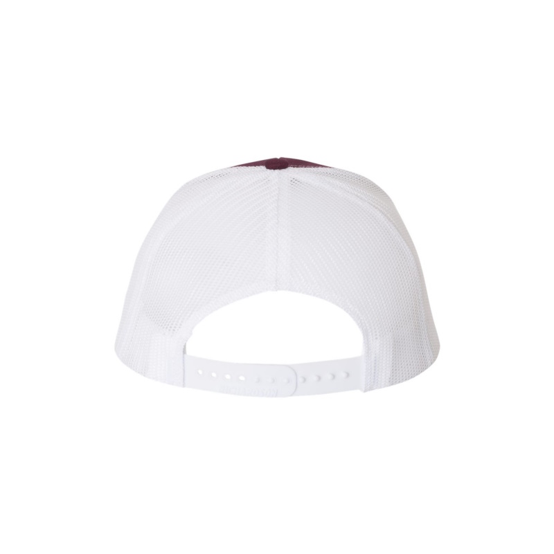 Maroon and White “One” Trucker Hat with White logo, snapback, back view.