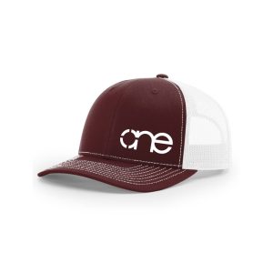 Maroon and White "One" Trucker Hat with White logo, snapback, side view.