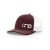 Maroon and White "One" Trucker Hat with White logo, snapback, side view.