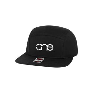 Black "One" 5 Panel Camper Hat with White logo, snapback, front.