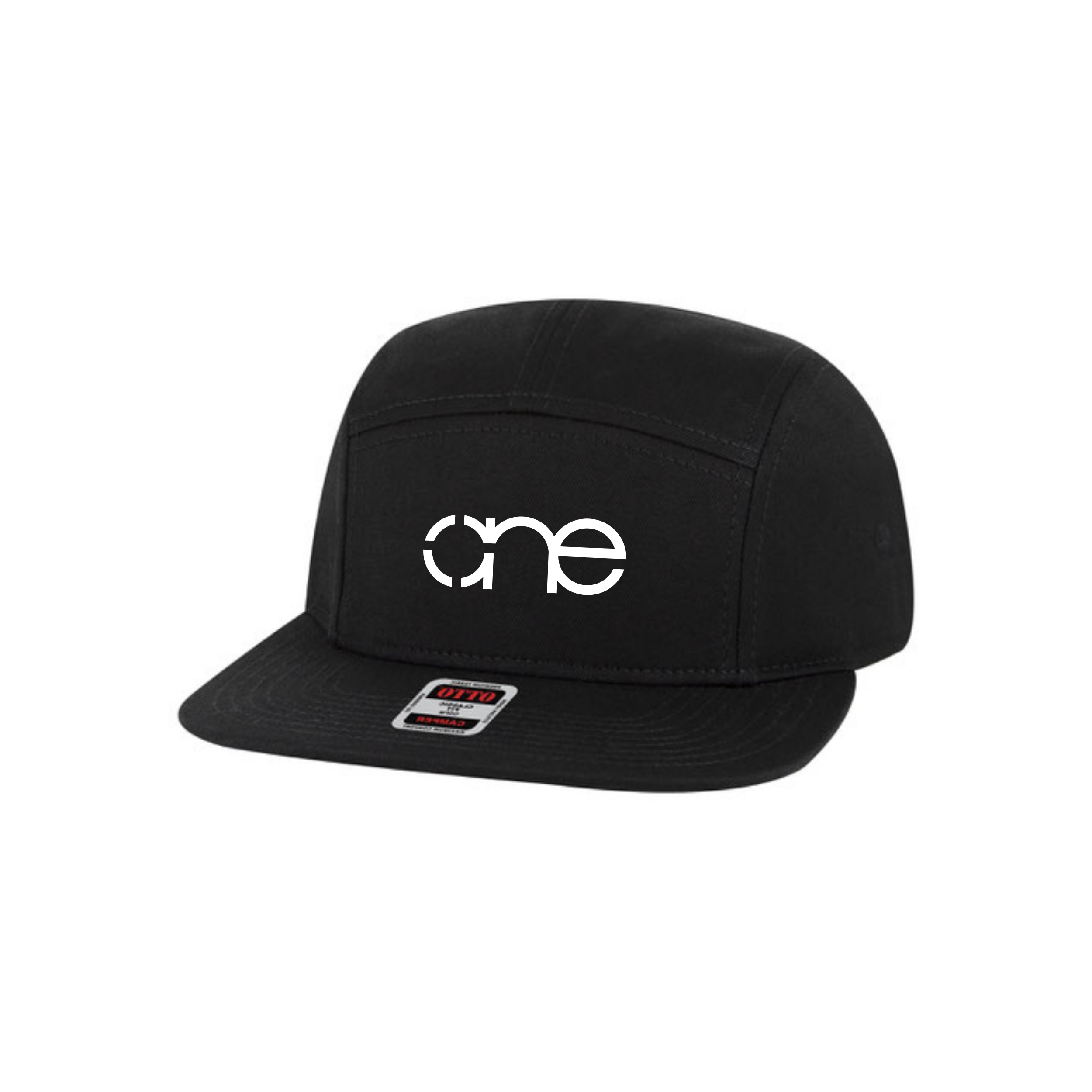 Black “One” 5 Panel Camper Hat with White logo, snapback, front.
