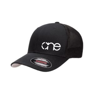 Black Flexfit Trucker Cap with White One logo, side-front view.