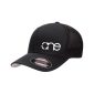 Black Flexfit Trucker Cap with White One logo, side-front view.