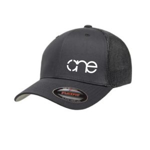 Charcoal Flexfit Trucker Cap with White One logo, side-front view.