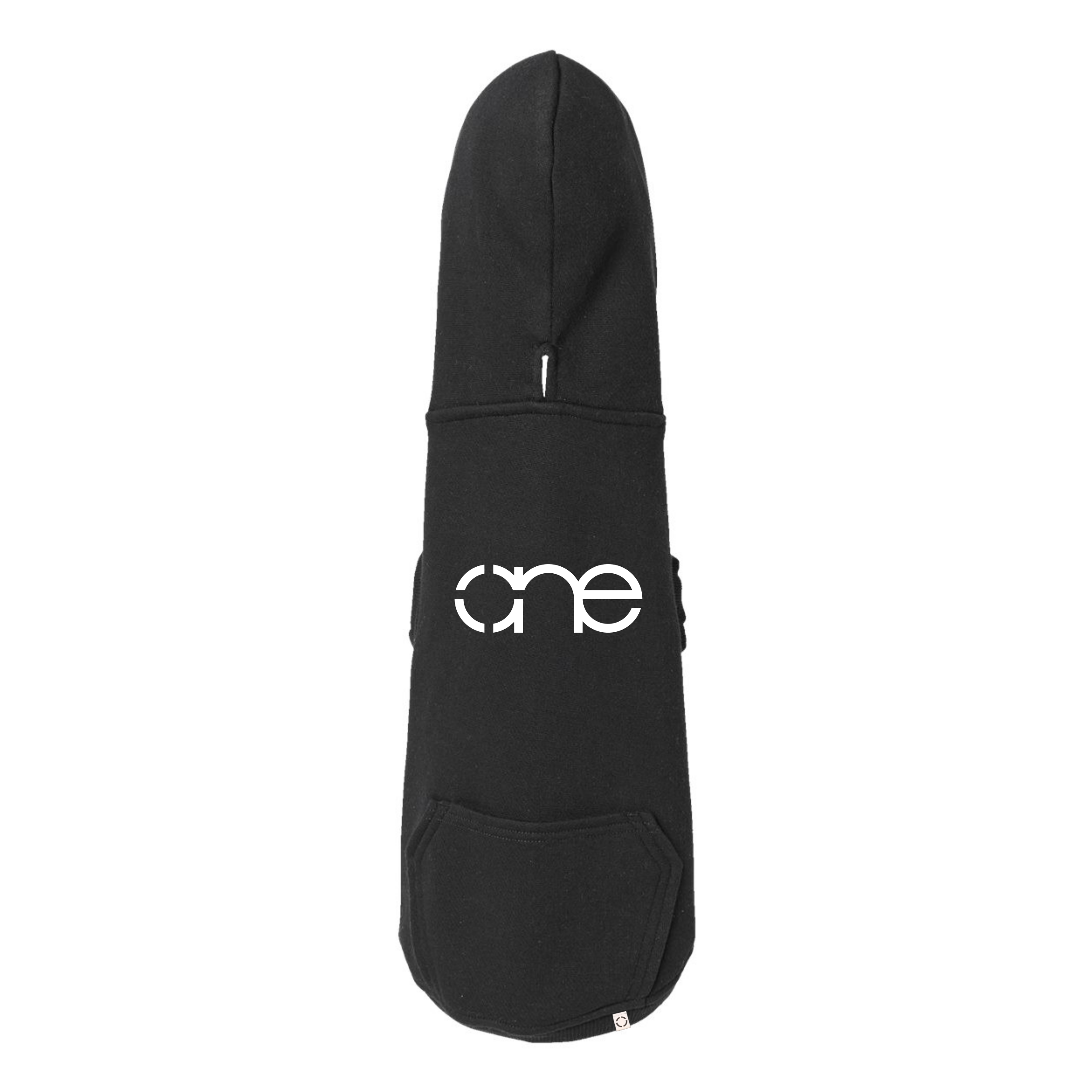 Doggie 3-End Fleece Hoodie in black, with white “One” logo, back view.