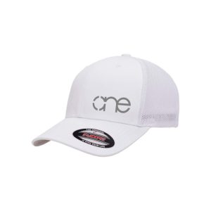 White Flexfit Trucker Cap with Grey One logo, side-front view.