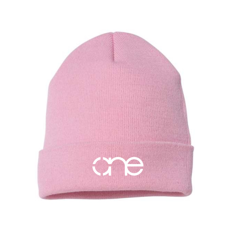 Pink cuffed beanie with white One logo.