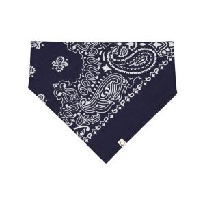 Navy Blue Paisley, One, dog bandanna with white woven label.