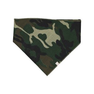 Green Camo, One, dog bandanna with white woven label.