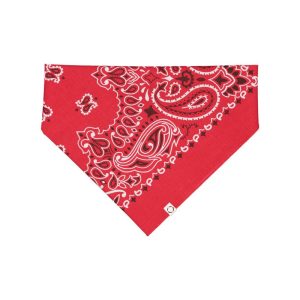 Red Paisley, One, dog bandanna with white woven label.