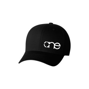 Small - Medium Black Flexfit hat with White "One" Logo, front side view.