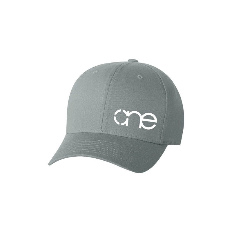 Small – Medium Grey Flexfit hat with White “One” Logo, front side view.