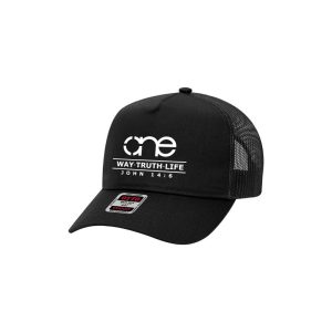 Black "One Way Truth Life" Trucker Hat with White logo, snapback, front side view.