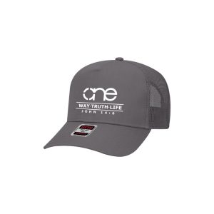 Grey "One Way Truth Life" Trucker Hat with White logo, snapback, front side view.