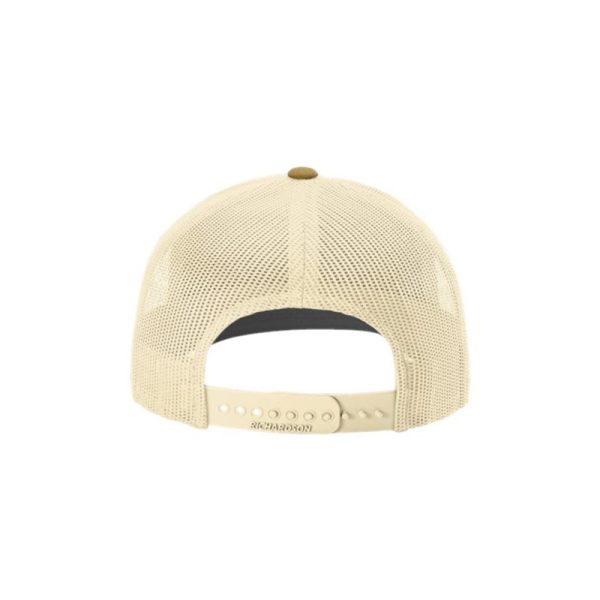 Heather Grey, Cream and Coyote Brown "One" Trucker Hat with Cream logo, snapback, back side view.