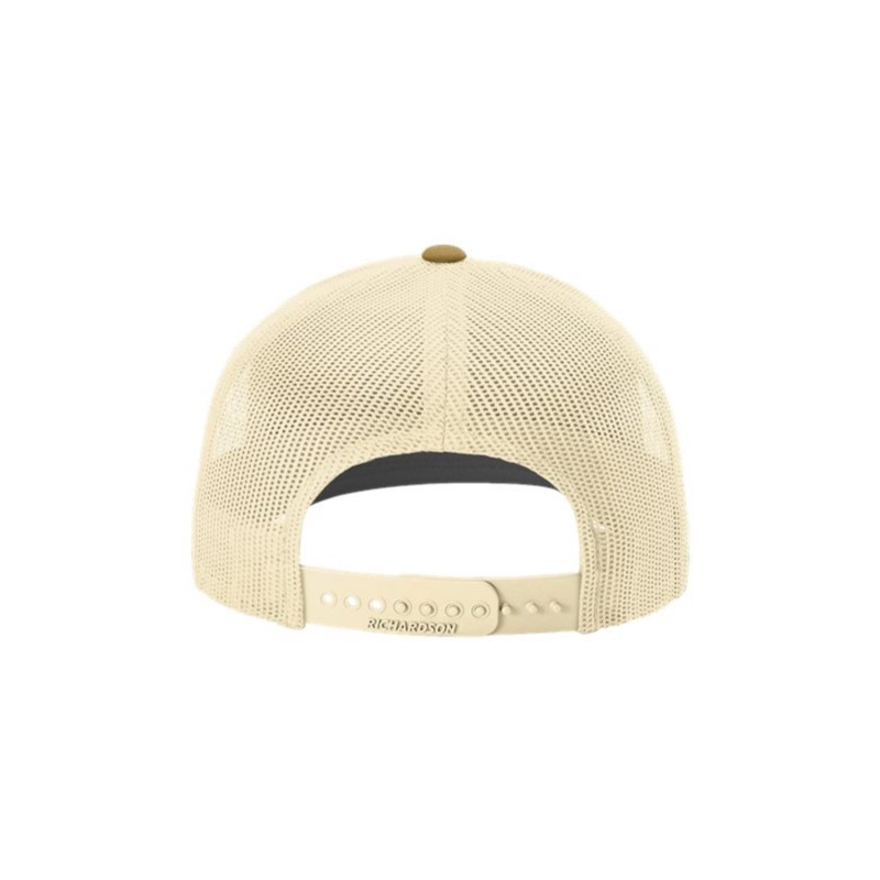 Heather Grey, Cream and Coyote Brown “One” Trucker Hat with Cream logo, snapback, back side view.