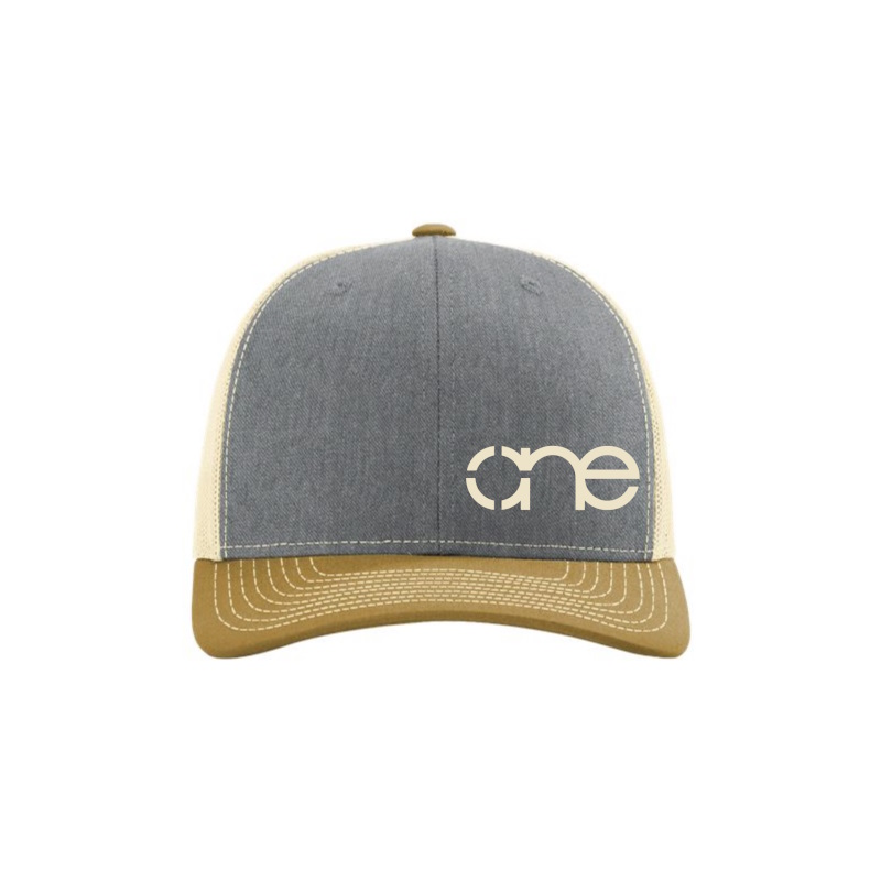 Heather Grey, Cream and Coyote Brown "One" Trucker Hat with Cream logo, snapback, front side view.