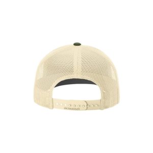 Heather Grey, Cream and Olive "One" Trucker Hat with Cream logo, snapback, back side view.